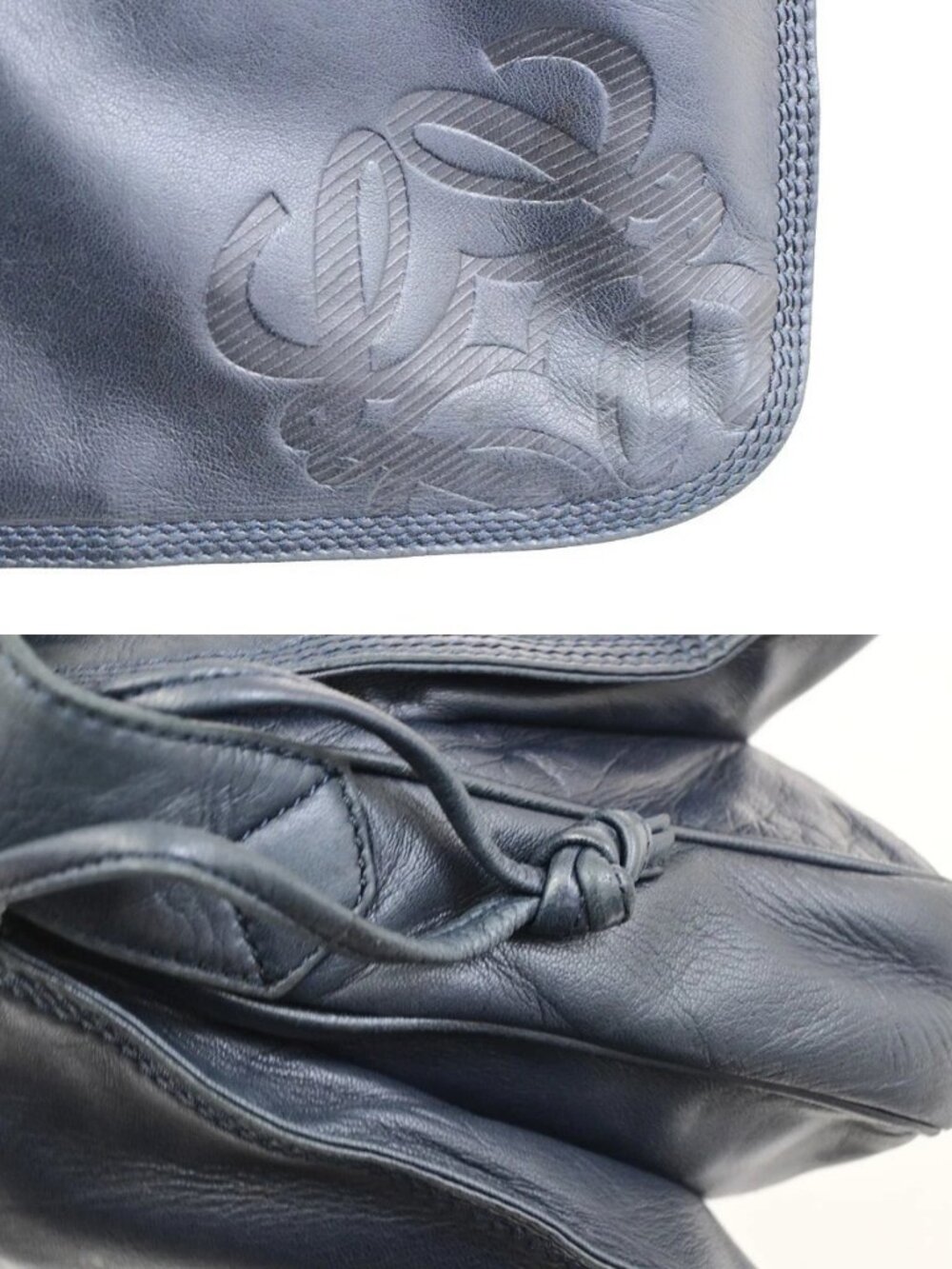 LOEWE Logo Drawstring Anagram Shoulder Bag Leather Navy Blue GHW Spain 83KD267 - Picture 9 of 16